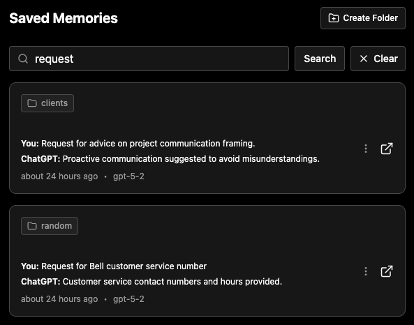 Search memories and jump to the exact message