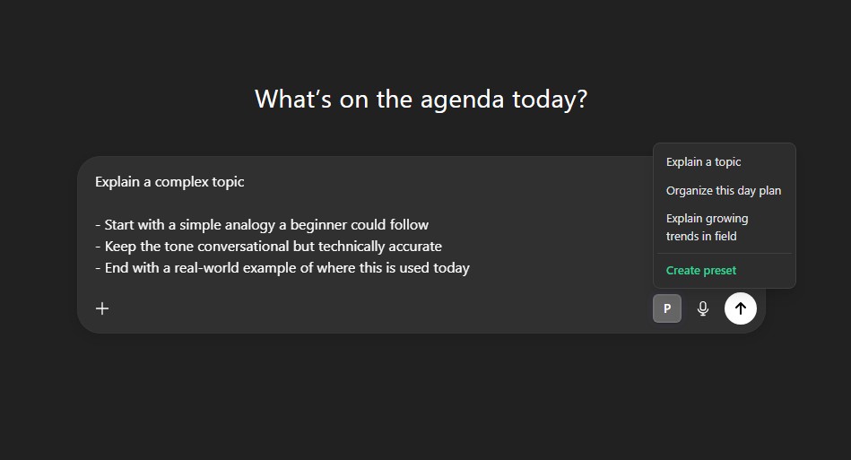 Prompt presets interface